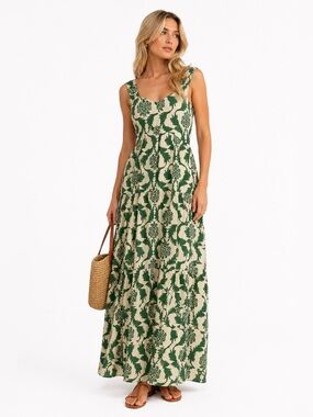 Monteau Linen Green Cream Botanical Maxi Long Summer Boho Dress Size Large